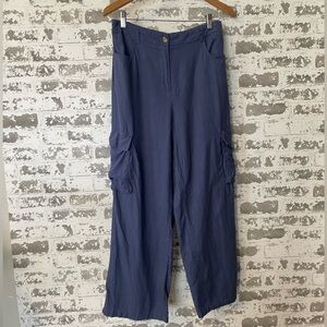 Sincerely Jules Blue Linen Wide Leg Cargo Pants Elastic Waist Relaxed Coastal L